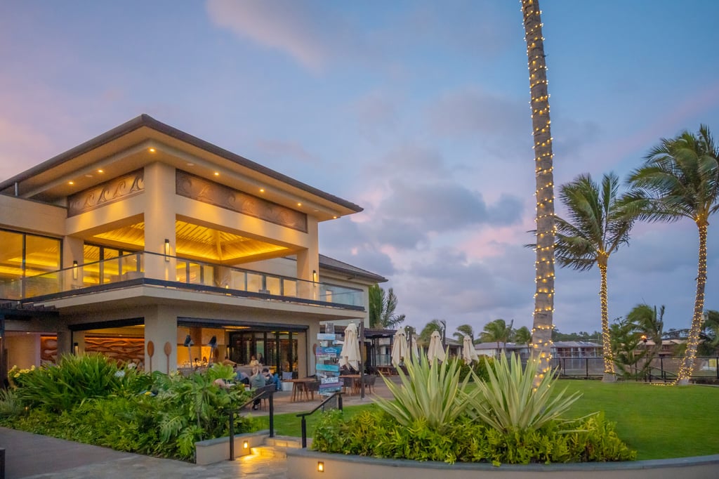 Hualanis oceanfront restaurant lit up for the holidays in Kauai