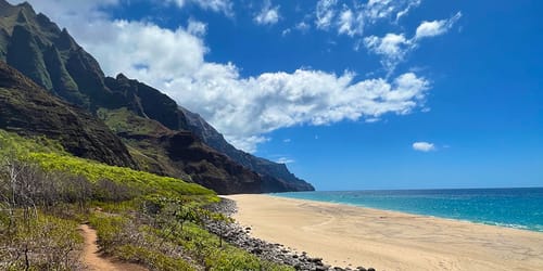 view of a secluded white sand beach along the shores of Kaua'i, Hawai'i